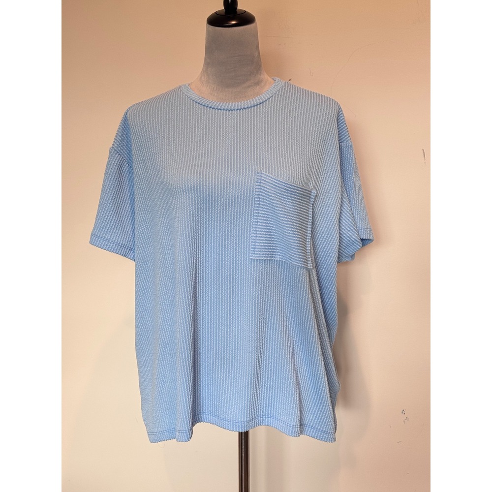 Zenana Light Blue Popcorn Waffle Knit Pocket Tee Top RTL-8517 SM